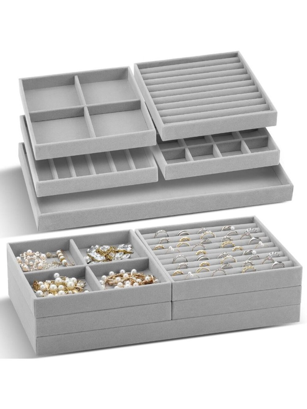 Stackable Jewelry Organizer Trays Set of 10 - Velvet Drawer Inserts for